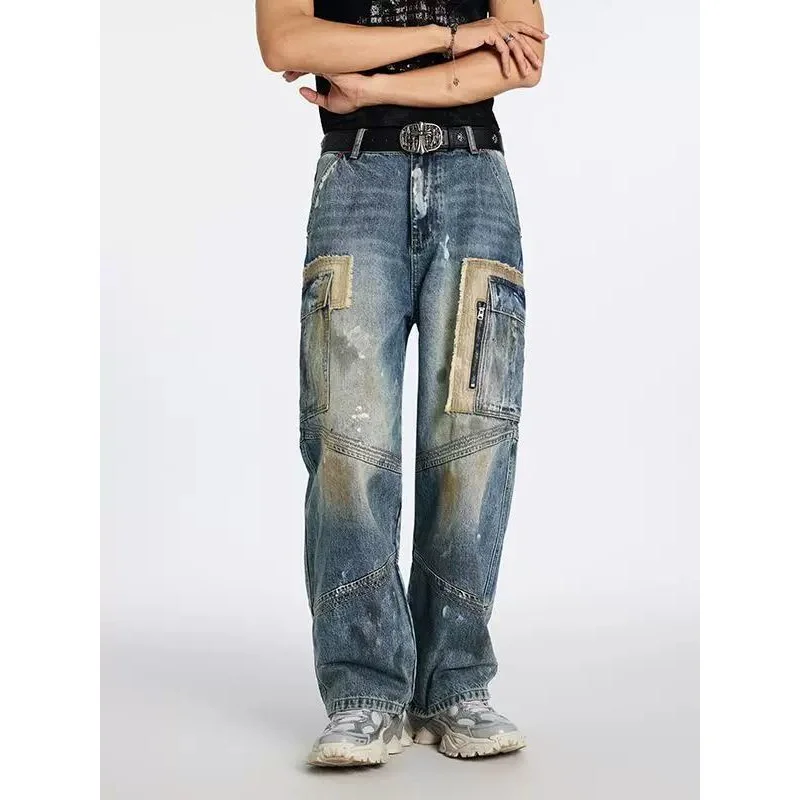 

Retro Men's Jeans Patchwork Casual Loose Straight Leg Spring Autumn New Sle Japanese Sle Hole Repair Denim Pants