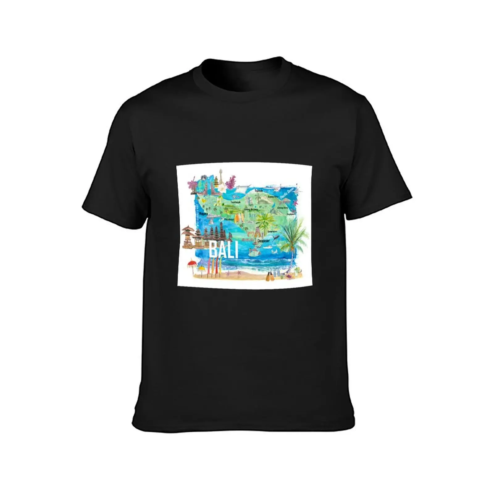 Bali Illustrated Island Travel Map with Tourist Highlights of Indonesia T-Shirt tops sports fans boys whites Men's clothing