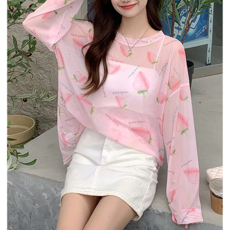 2024Summer Women's Fashion Print Sweet Sexy Mesh See Through T-shirts Casual O Neck Long Sleeve Oversize Thin Tops Ropa De Mujer