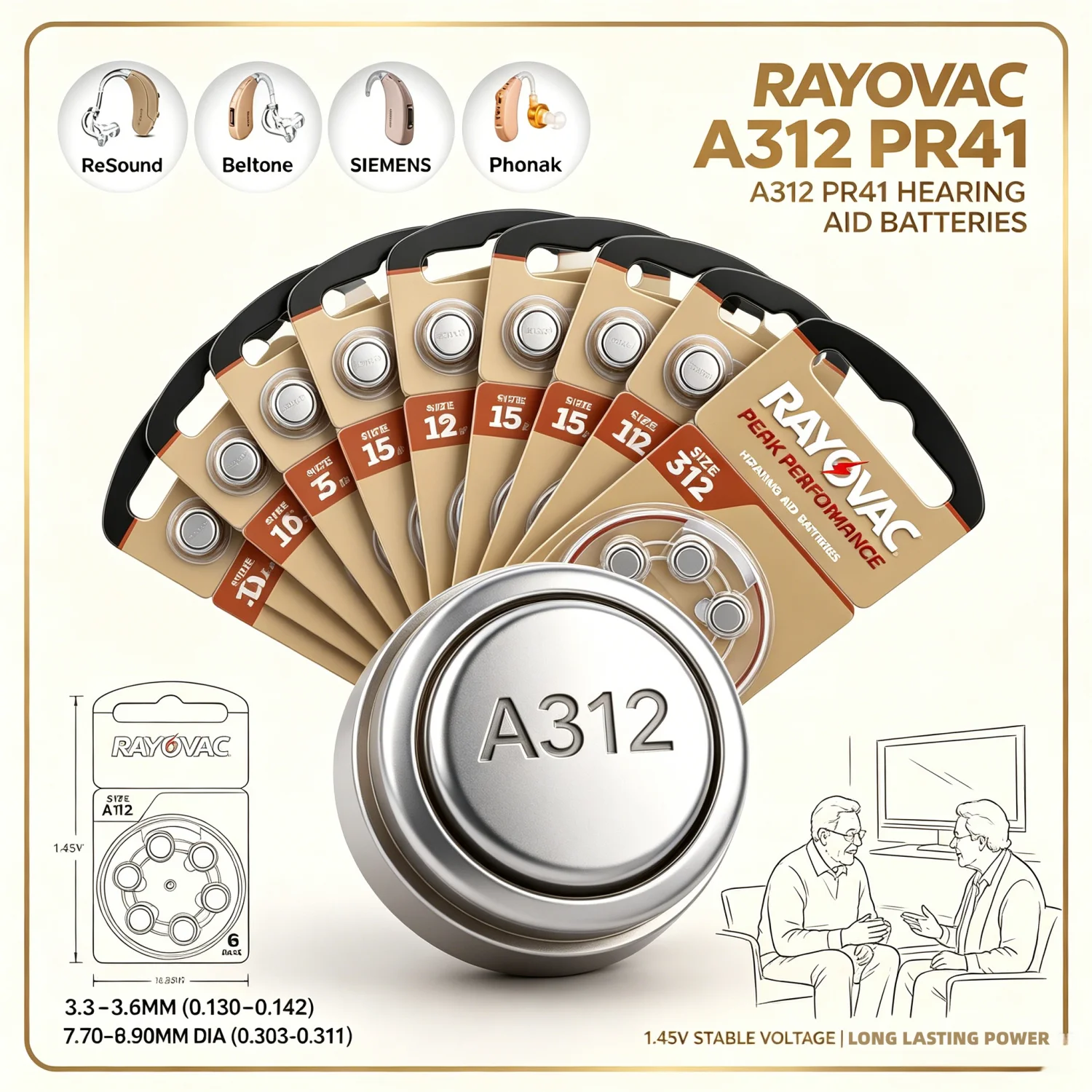 Baterías para audífonos 6-90PCS, 6PCS/1Tarjeta RAYOVAC PEAK 1.45V 312 312A A312 PR41, baterías de zinc-aire para audífonos BTE CIC RIC OE