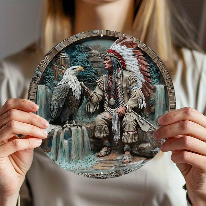 Native American Style Eagle & Indian Aluminum Art Sign - 1pc 8\
