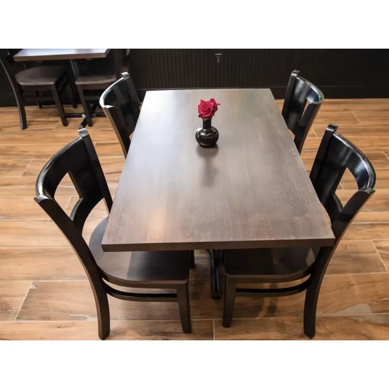 Square Wooden Restaurant Table with 4 Black Metal Chairs, Commercial Dining Table and Chair Set for Cafe Bar Bistro