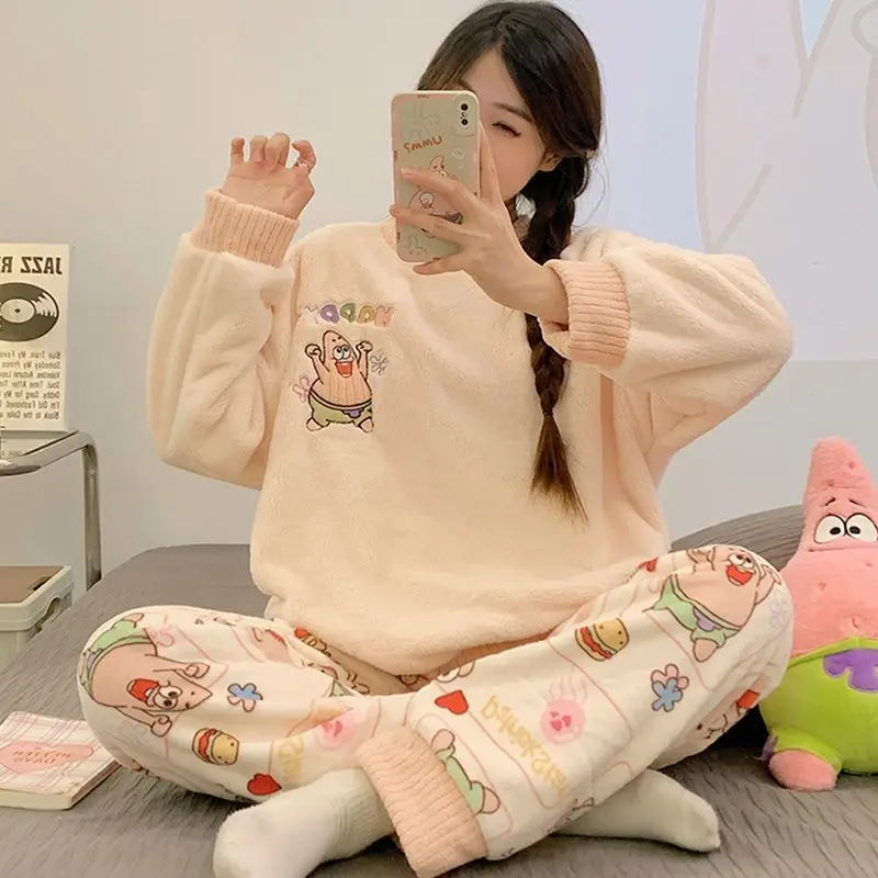 Cute Cartoon Kawaii Crayon Shin-chan Winter Women's Round Neck Pajamas with Comic Style Embroidery Flannel for Casual Wear