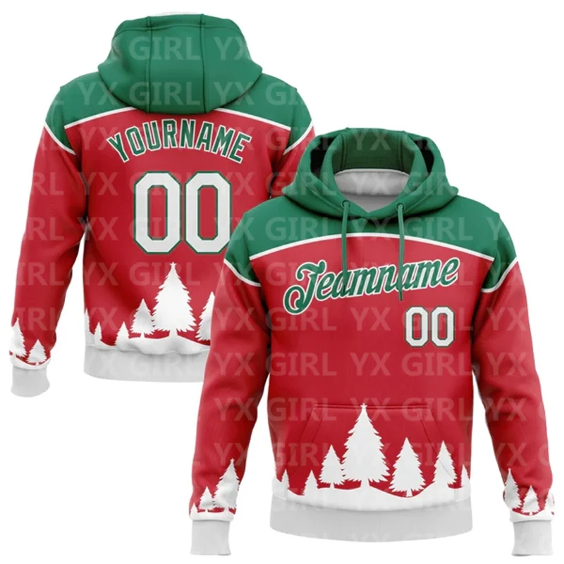Custom Text and Numbers Red Kelly Green-White 3D Christmas Trees Sports Pullover Sweatshirt Hoodie Christmas Gift