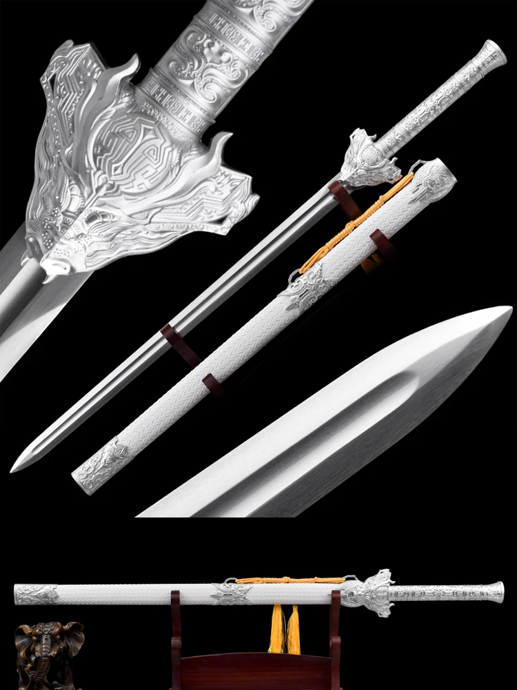 107cm Chinese Kongfu White Dragon Jian Sword High Manganese Steel Blade Real Full Tang Sharp Ready for Battle Weapon Katanas