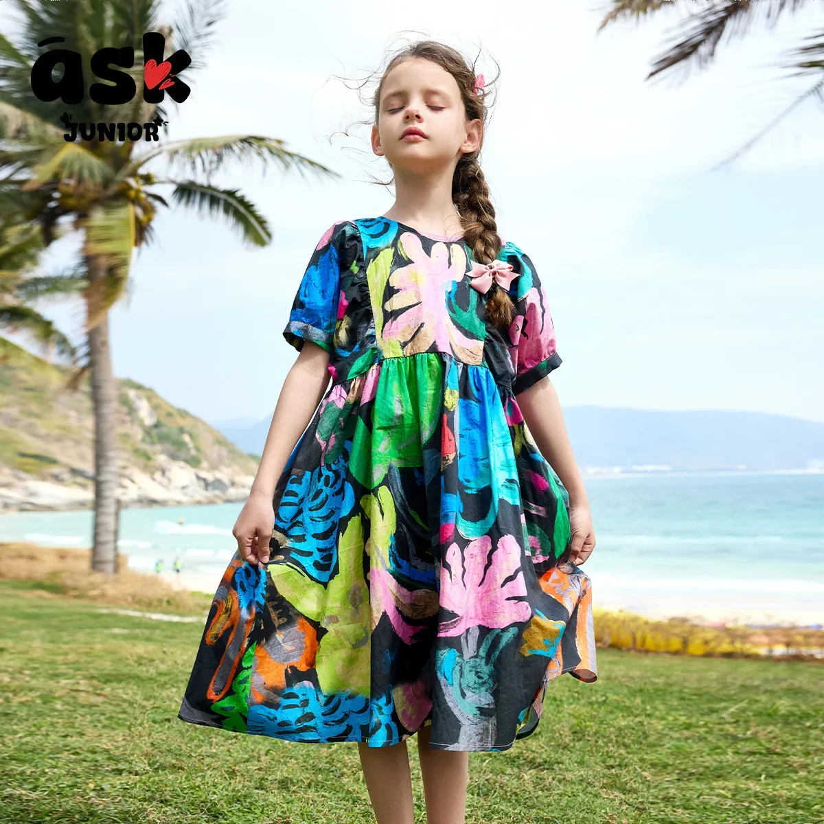 فستان ASK Junior Girls ذو ألوان متباينة وطباعة تجريدية كاجوال متوسط وطويل فساتين صيفية لفتاة الزهور #5