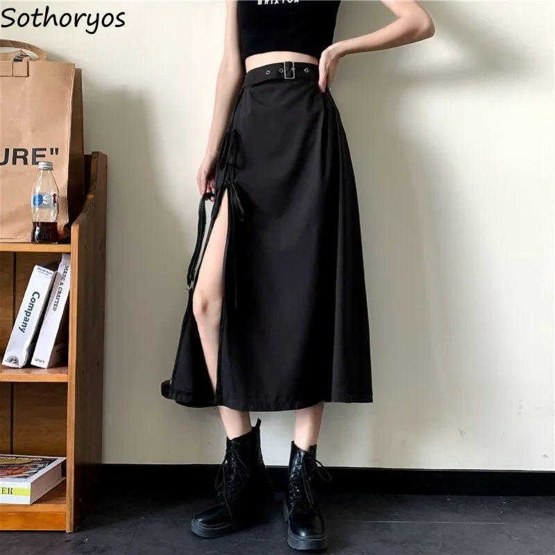 Black Midi Skirts Women Sexy Lace-up Front-slit A-line Summer Hepburn High Street BF All-match Designed Korean Fashion Classic