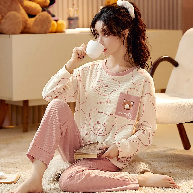 Ensemble de pyjama en coton à manches longues pour femmes, vêtements de nuit, vêtements de détente, pantalon imprimé, mode coréenne, vêtements de nuit kawaii