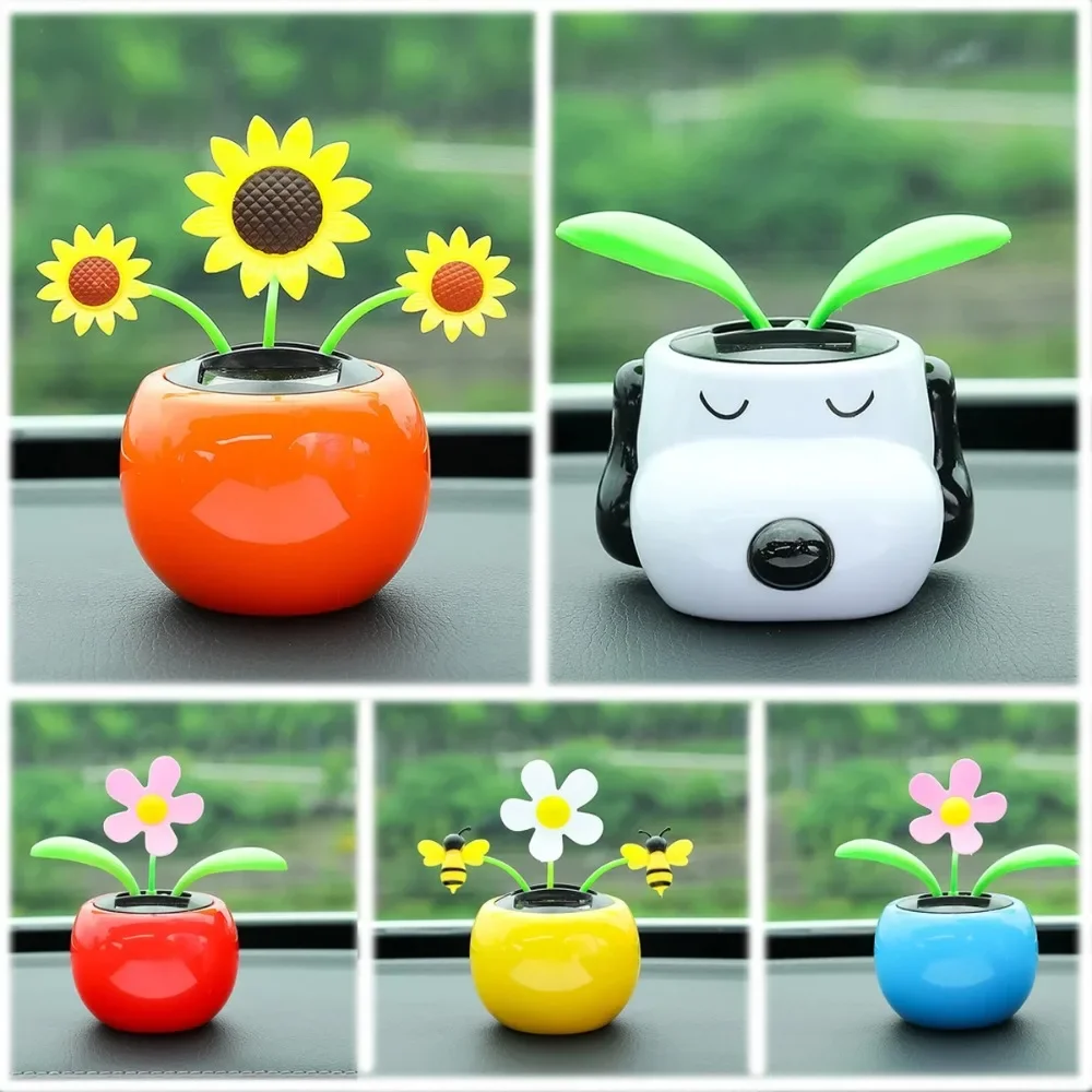 Solar Car Ornament Automatic Swing Flower Potted Plant Doll Toy Automobile Dashboard Dancing Shaking Home Decoration Landscape