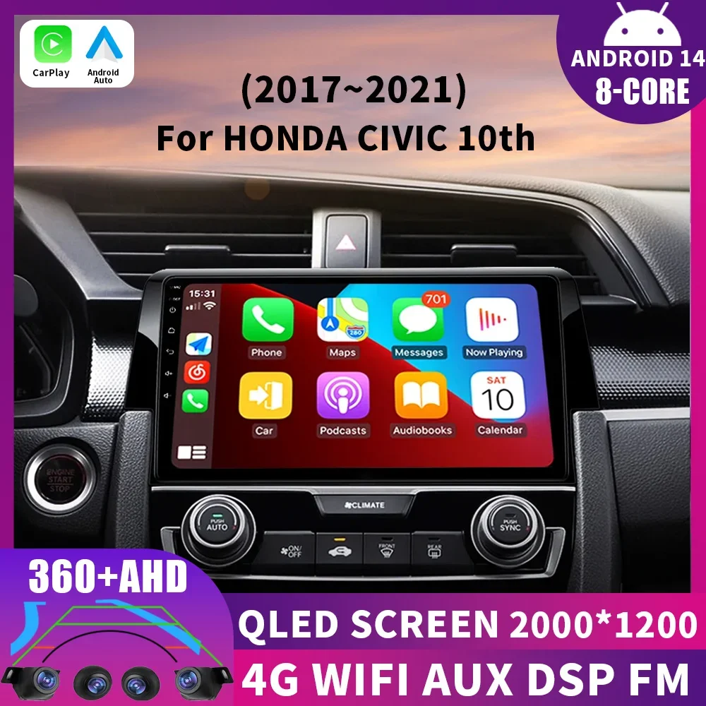 

Fio Android 14 For Honda Civic 10th 2016 2017 2018 2019-2021 Carplay Auto Car Radio Video Player Navigation GPS 4G WIFI