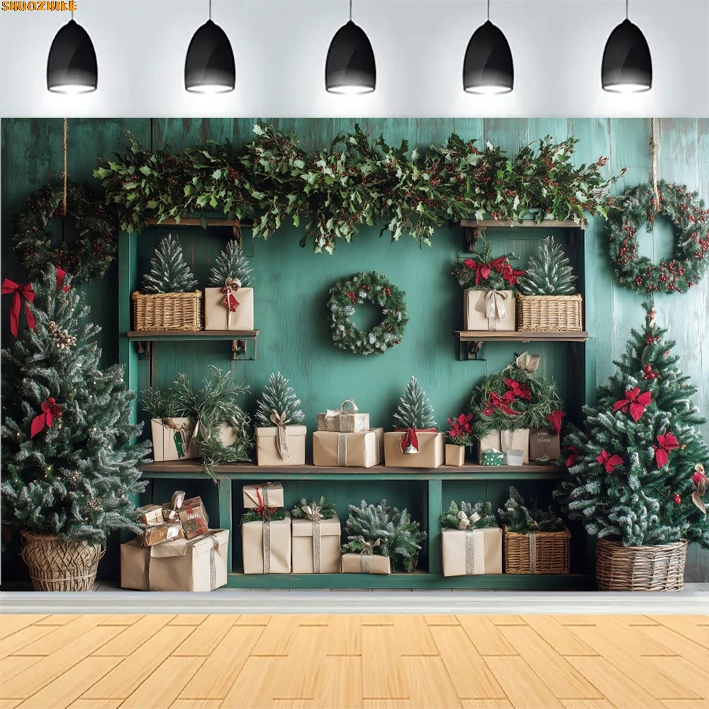 

Christmas Day Wreath Family New Year Party Photography Backdrops Prop Window Living Room Xmas Tree Gift Snow Background TJ-02