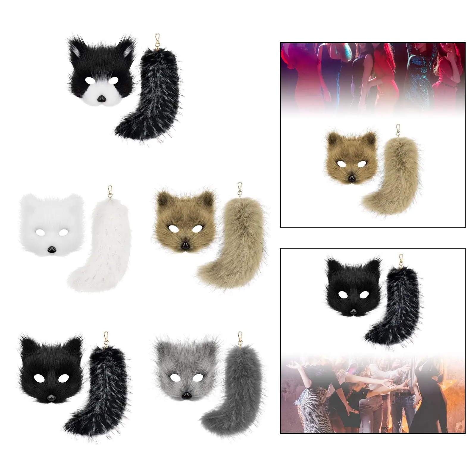 Conjunto de máscara e cauda therian, máscara de gato, dramatização, festa, chaveiro de cauda peluda para mulheres, cauda longa de 10 ", fantasia de halloween, máscara de animal