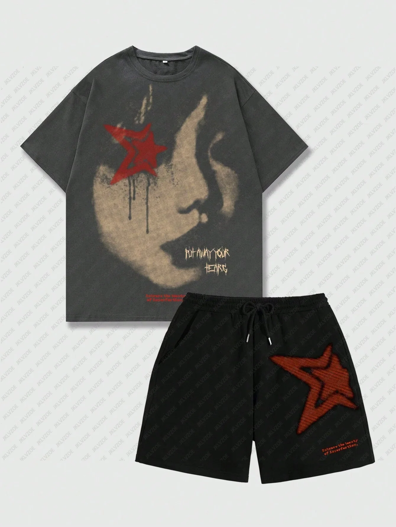 

Unisex Suit Goth Men Summer Y2K Girl Face Pattern Printed O Neck Short Sleeve Casual T-Shirt And Drawstring Waist Shorts Outfits