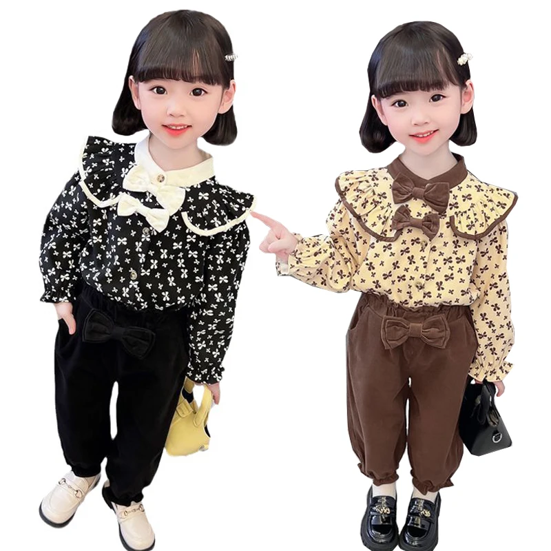 Clothing Set Spring  Autumn Korean Edition 0-8 Year Old Girl Fashion Printed Shirt Top Casual Pants 2023 New Children's garments