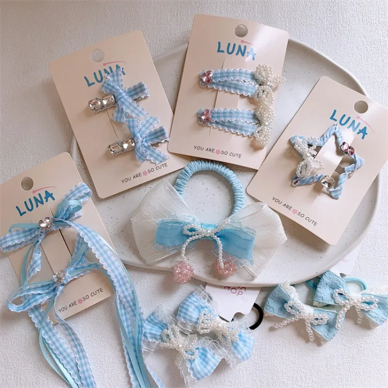 

Cute Blue Plaid Rhinestone Pearl Bow Streamer Hair Clips Hair Ties for Girls Elastic Ponytail Holders Charming Hair Accessories