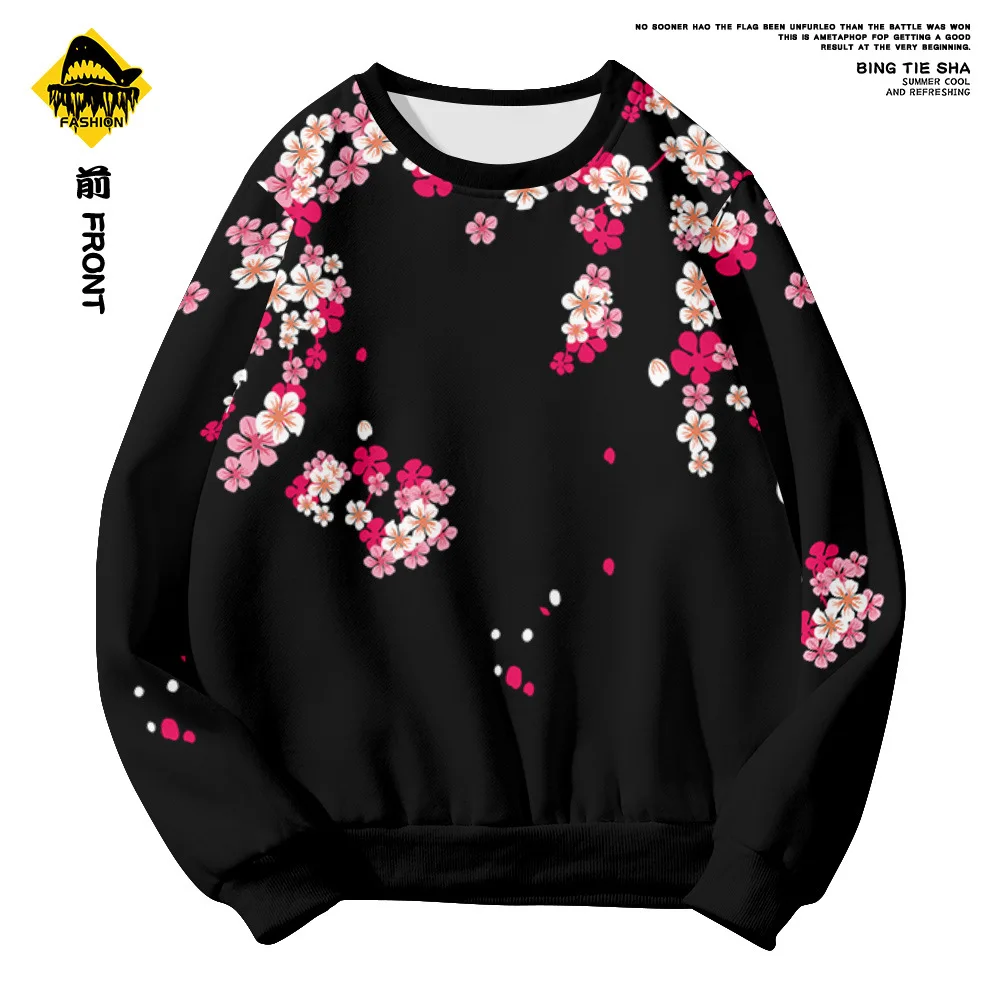 Spring Autumn Vintage Long Sleeve Pullovers Clothes Men Casual Loose O-neck Black Floral And Crane Print Sweatshirt