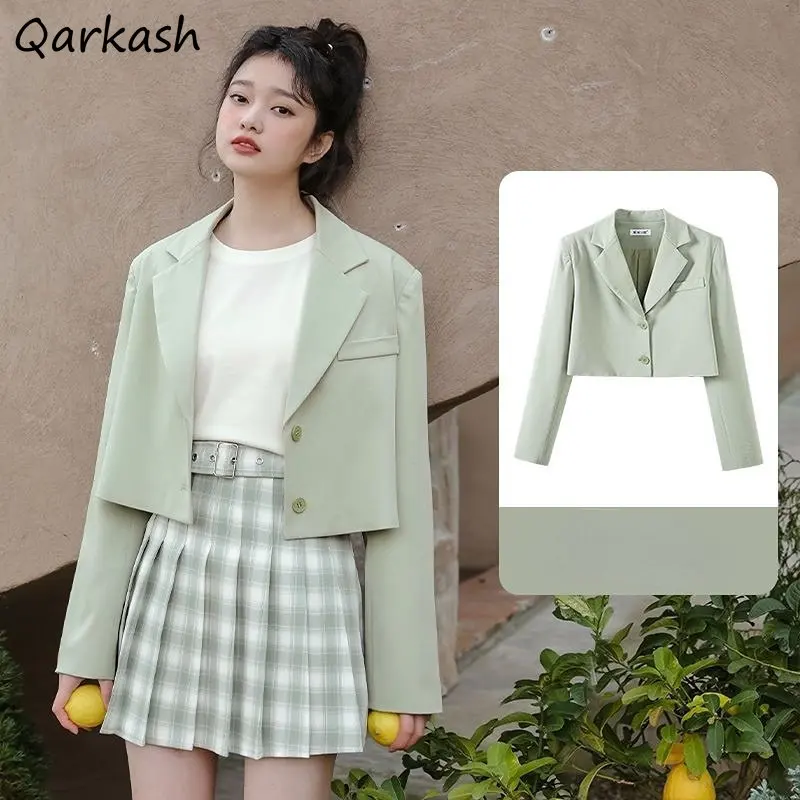 

Blazers Women Green Preppy Style Loose Casual Cropped Fashion Literary Korean Style Chic All-match Temperament Ins Ulzzang Sweet