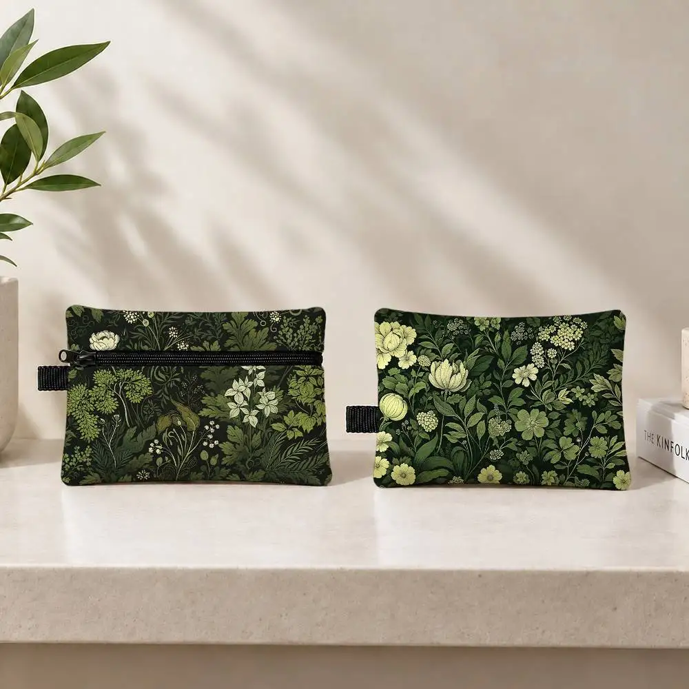 Botanical Green Floral Plant Mini Hanging Oxford Cloth Coin Bag Durable Zipper Key Card Pouch With Carabiner