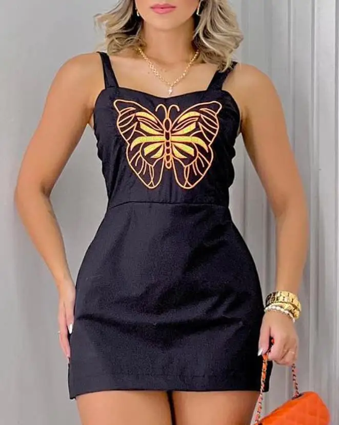 

Women's Dress Fashion 2024 Summer Casual Butterfly Print Embroidery Sweetheart Neck Sleeveless Strap Buckle Straight Mini Dress