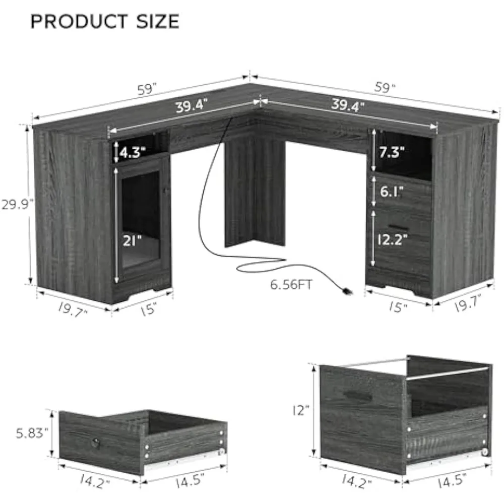 L Shaped Desk with File Cabinet, Corner Computer Desk with Storage Drawers, Large Home Office Table with Power Outlets