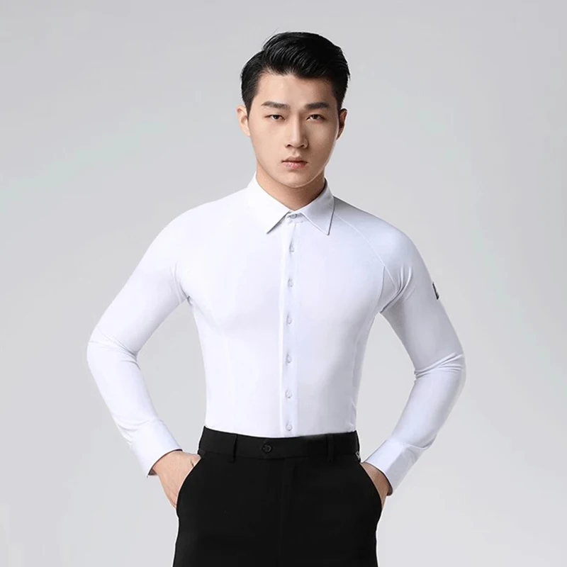 White Men Latin Dance Shirt Clothes Long Sleeve Standard Modern Ballroom Tops Performance Waltz Practice Dancewear Costumes
