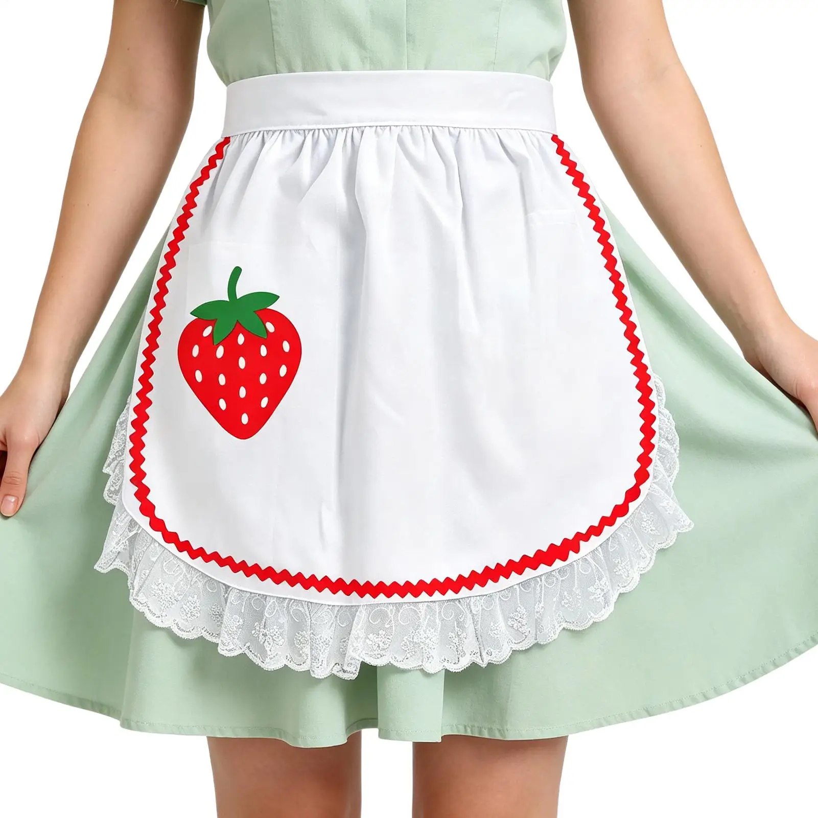 Maid Apron Strawberry Print Half Waist Apron with Lace Ruffle Halloween Maid Outfit for Party Stage Theater School Photography