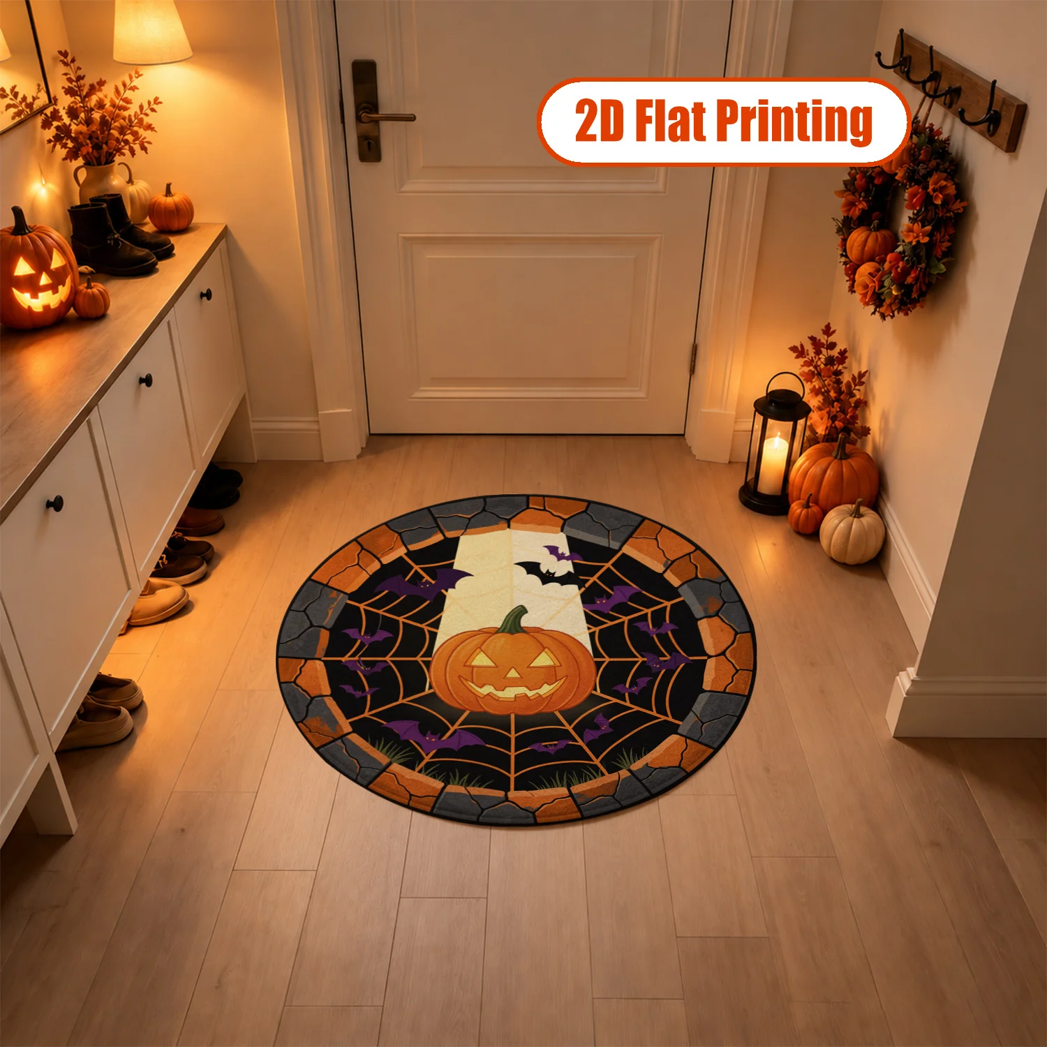 Round Halloween Jack-o'-lantern Bat Spider Web Print Velvet Area Rug, Machine Washable Soft Plush Floor Rug for Living Room Bedroom Entryway, Ideal for Halloween Thanksgiving Christmas New Year Black Friday Cyber Monday Decor