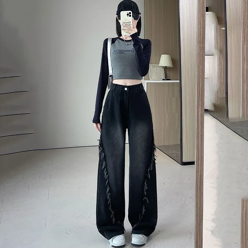 New Women's Black Woolen Jeans, High-waisted Wide-leg Straight-leg Jeans, Spring Autumn Female Denim Trousers Supersize M-6XL