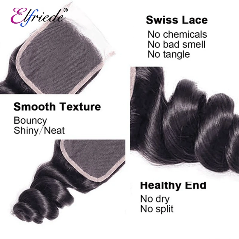 Elfriede Natural Black Loose Wave Bundles with Closure Brazilian Human Hair Weaves 3 Bundles with 4X4 Transparent Lace Closure