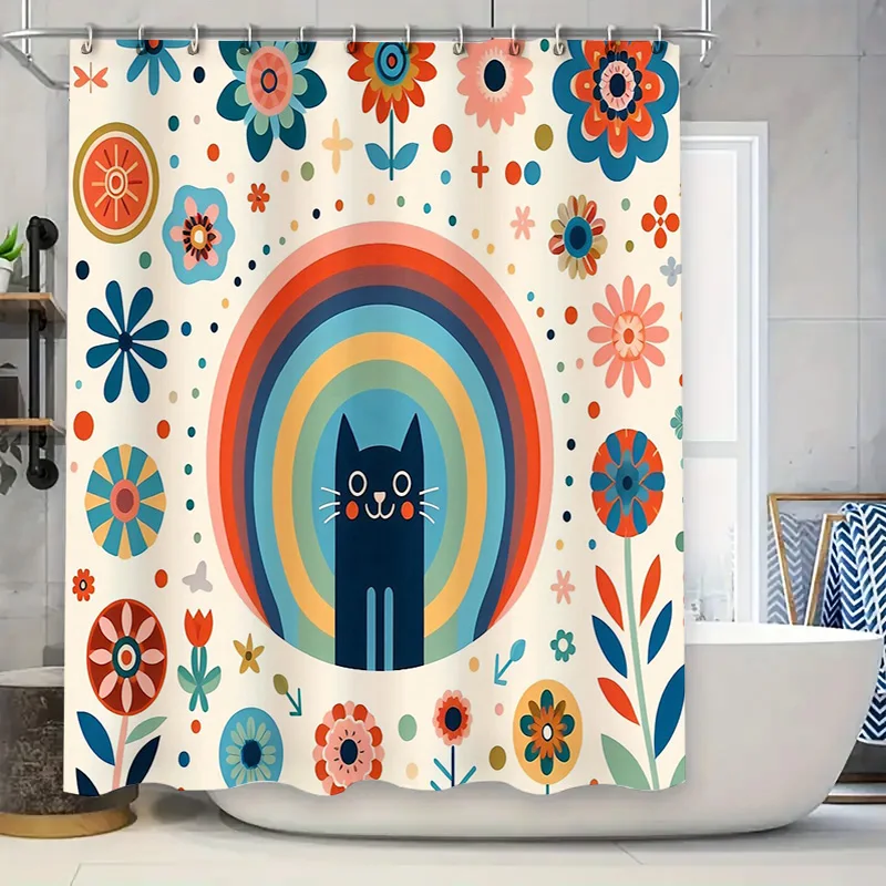 

Cute Cat Floral Shower Curtain Botanical Animal Pattern Bathroom Decor Waterproof Fabric Vintage Retro Home Decor