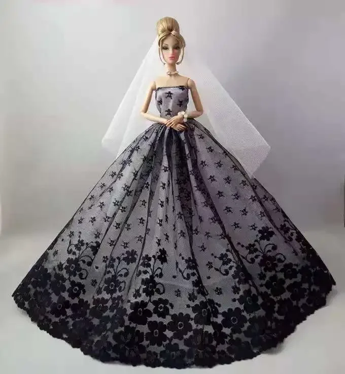 

11.5" Classic Black Floral Lace Wedding Dress for Barbie Doll Clothes Princess Outfits 1/6 BJD Accessories Elegant Gown Toy Gift