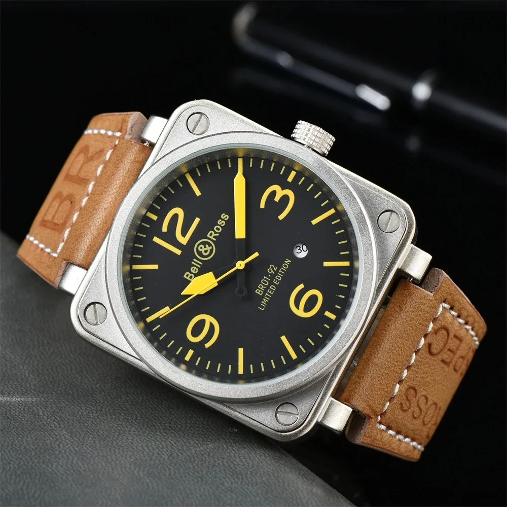 2025 ساعة ميكانيكية أوتوماتيكية للرجال جرس روس الطيران br03-92 طبعة محدودة حزام من الجلد ساعة ميكانيكية أوتوماتيكية مربعة