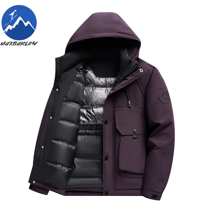 マックスバリ スノーダウンジャケット ユニセックス 冬 2026 高級ホワイトダックダウン 暖かいコート メンズ カジュアル ハイキング 超軽量 フード付きパーカー パファージャケット