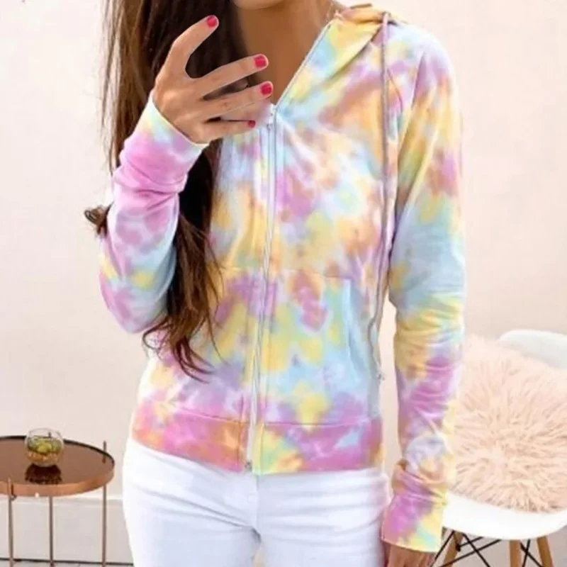 

2024 Woman Tie Dye Slim Casual Jacket Zipper Patchwork Cotton Summer Outdoor Tops Turn Down Collar Pocket Elastic Zip up Hoodies