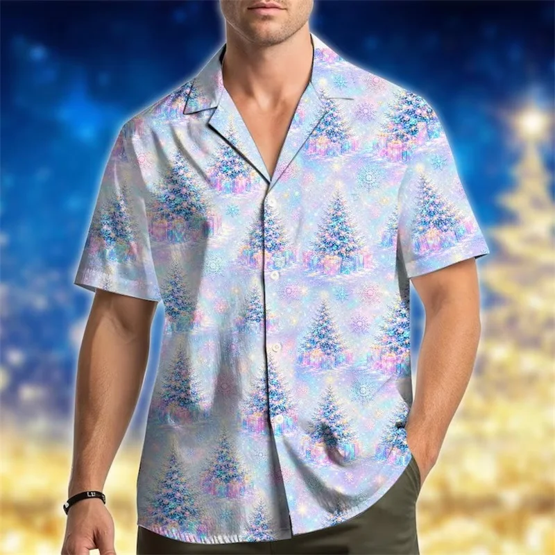 Men Short Sleeve Hawaiian Shirt Holographic Christmas Tree Snowflake Gift Box Print Xmas Holiday Party Button Down beach Shirt