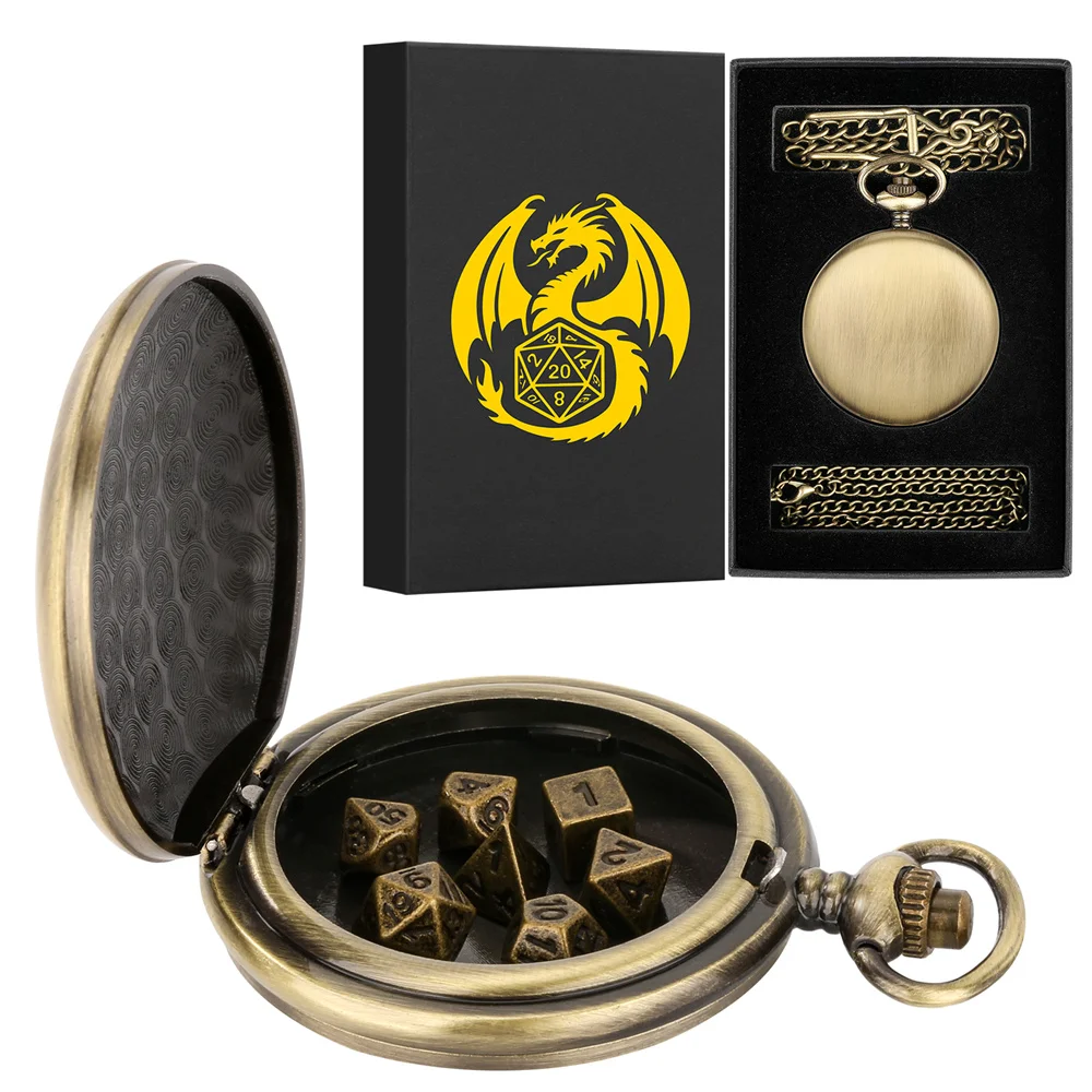 Novel Vintage Pocket Watch Case Dice Set Chain Pendant Pocket Watch Case 7pcs/Set Mini Polygon Game Dices Antique Style Gift