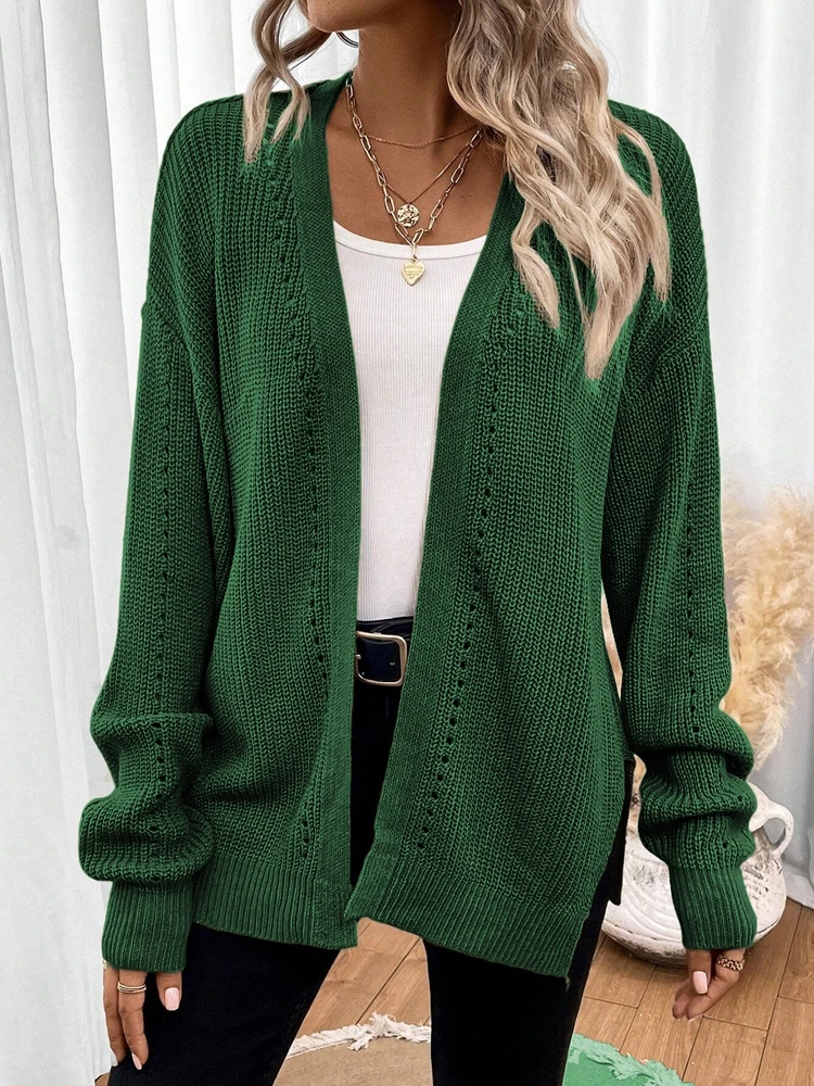 سترة صوفية نسائية محبوكة أنيقة بلون سادة متوسطة الطول كاجوال عصرية للارتداء اليومي #5