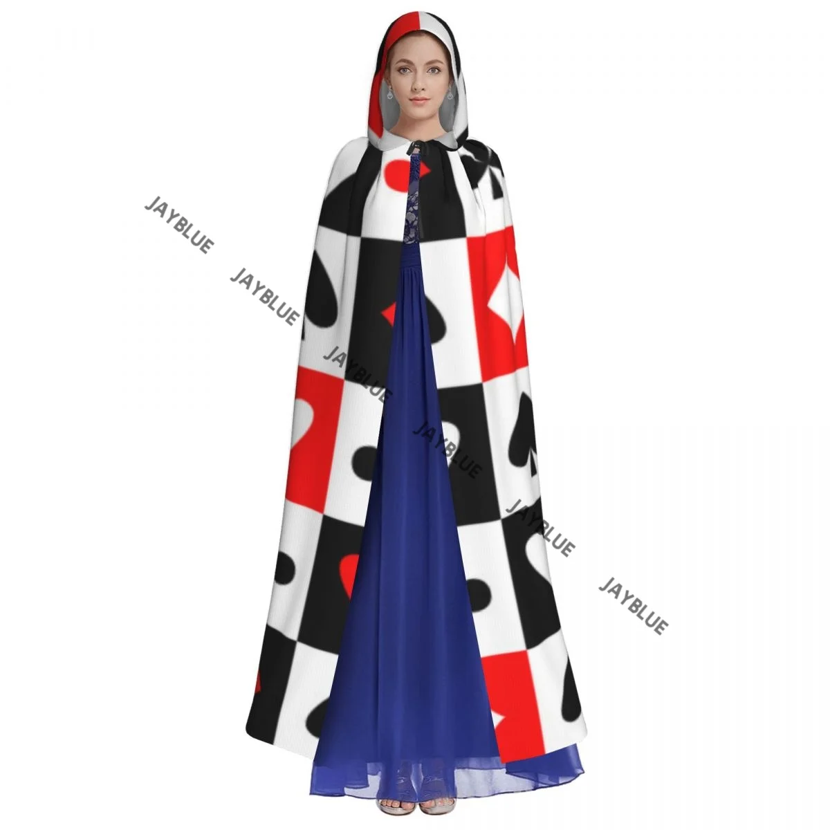 Long Cape Cloak Red Black Poker Square Plaid Checkerboard Heart Geometric Playing Cards Hooded Cloak Coat Autumn Hoodies