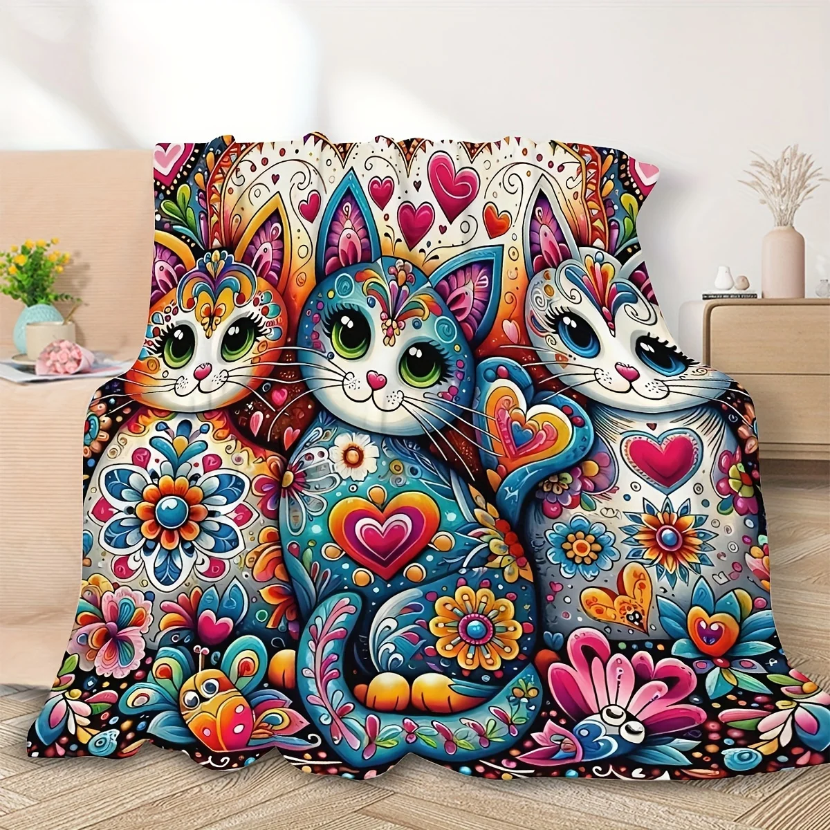 Colorful Cat Print Tropical Throw Blanket -  All-Season Cover with Heart and Flower Patterns, Embellished Design for Home Decor