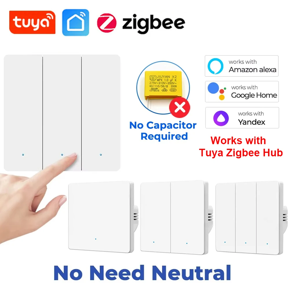 

1/2/3 gang Tuya Zigbee EU Smart Switch No Neutral Wire Wall Light Switch Push Button Smart Life APP Voice Work with Alexa Google