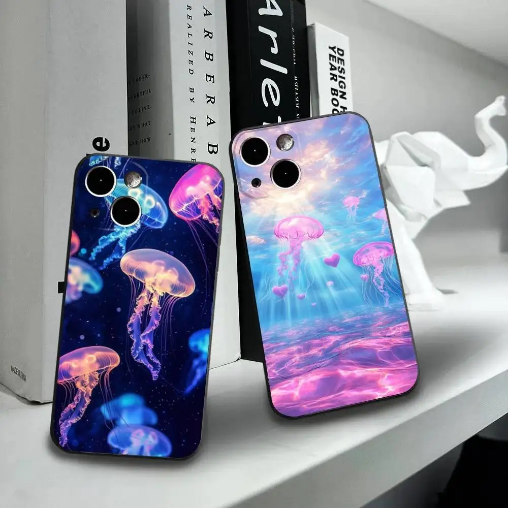 

Colorful jellyfish Phone Case For iPhone16,15,14,13,12 Mini 11 Pro XR,X,XS,MAX 7,8 Plus Silicone Cover Soft Black