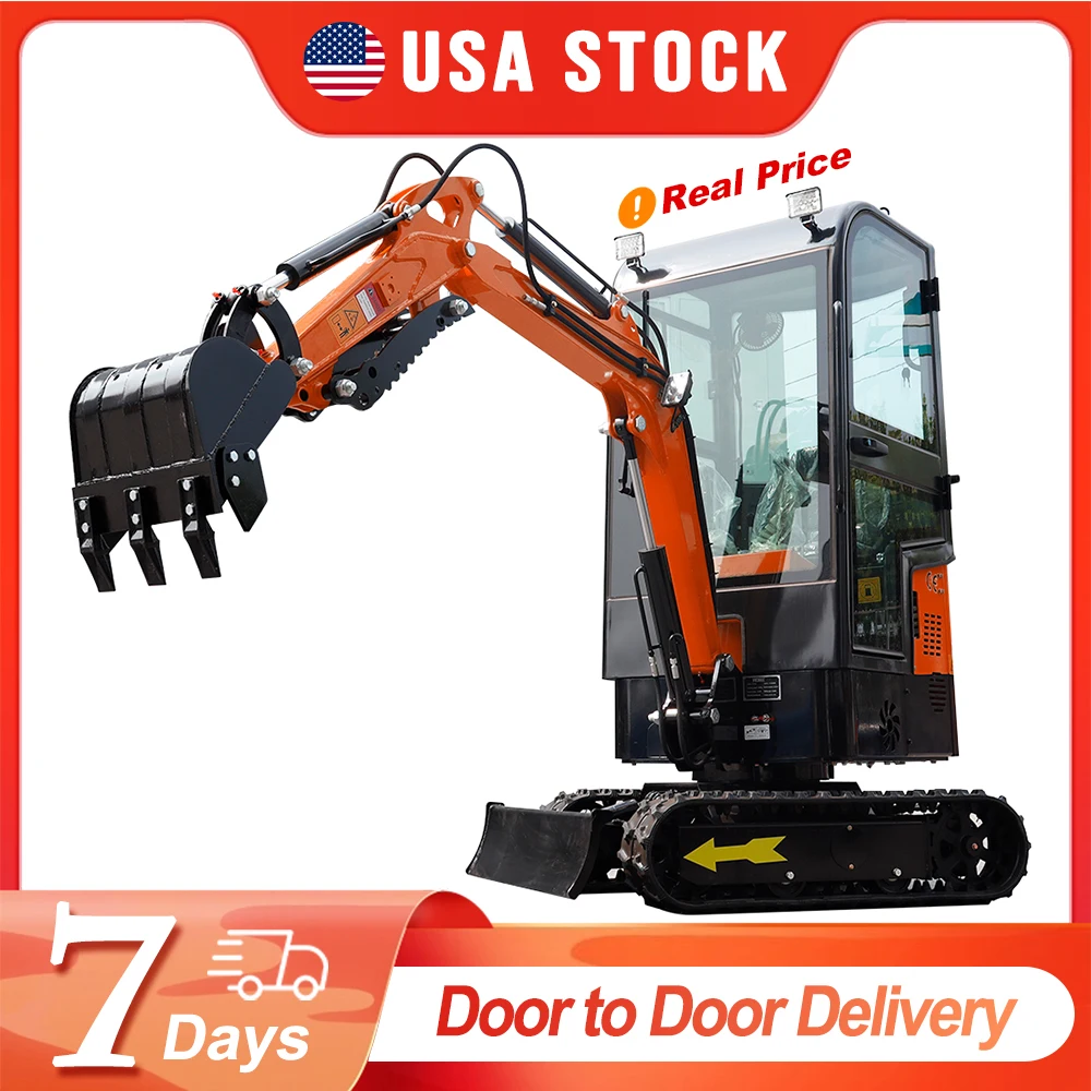 미국 재고 13.5HP 미니 굴삭기 1톤 크롤러 굴삭기(밀폐형 운전실 포함) Samll Digger Door to Door 배송