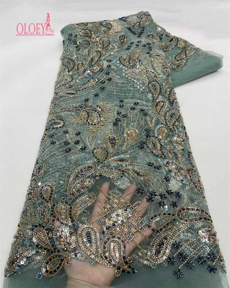 

OLOEY African Lace Fabric Heavy Bead Embroidered Sequins Mesh Tulle for Sewing Luxury Dresses High Quality