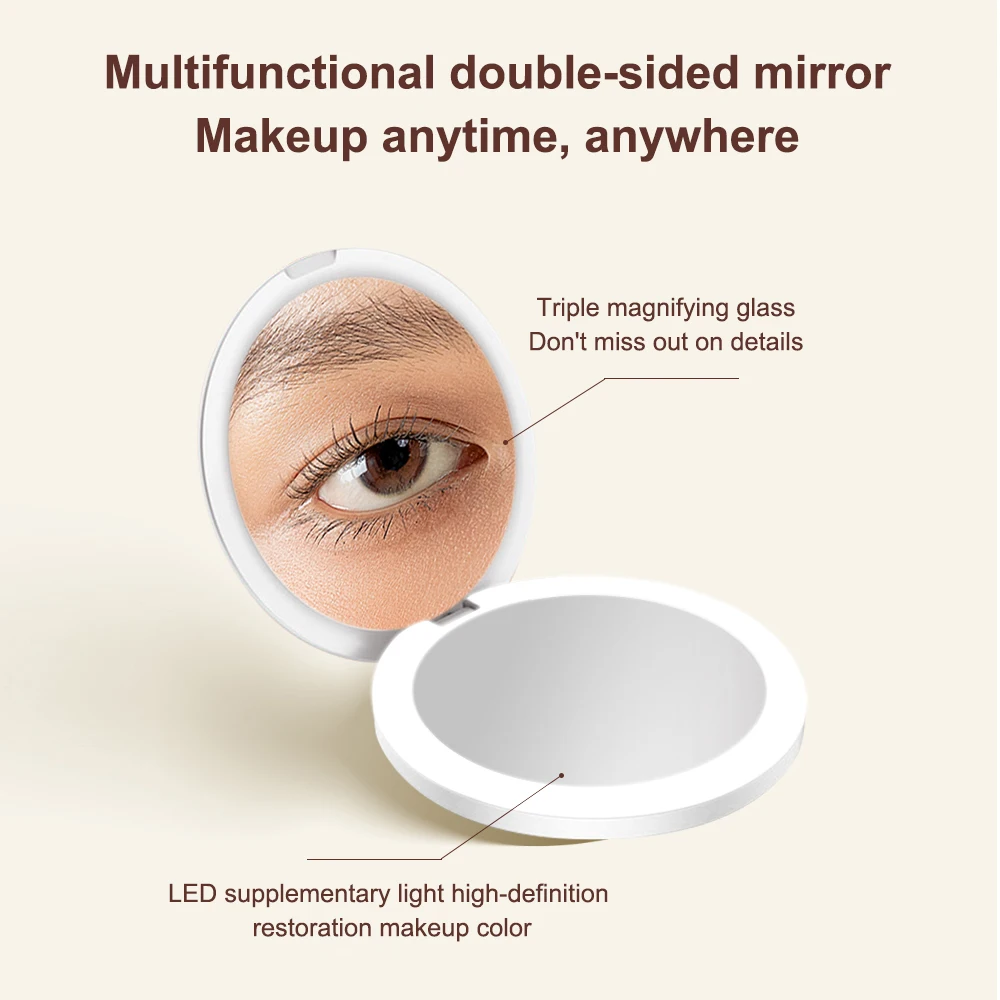 LED Lighted Travel Makeup Mirror Foldable 10x Magnifying Mirror Rechargeable Compact Cosmetic Mirror For Handbag Purse Pocket