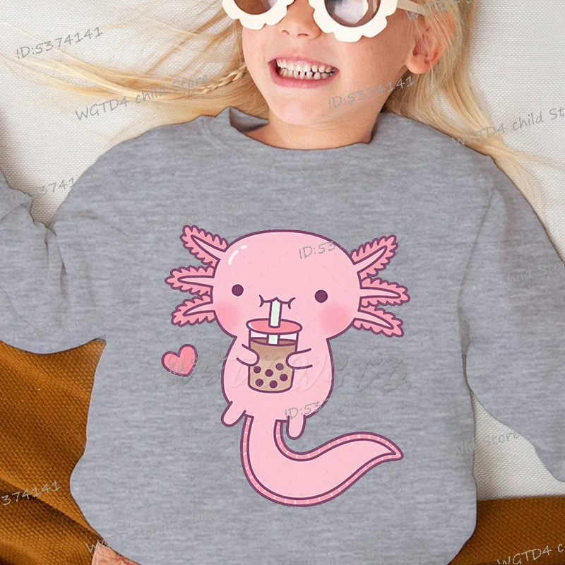 Cartoon Axolotl Bubble Tea Print Children Sweatshirt Round Neck Pullovers Funny Cute Axolotl Girl Boy Spring Y2K Sudaderas Gift