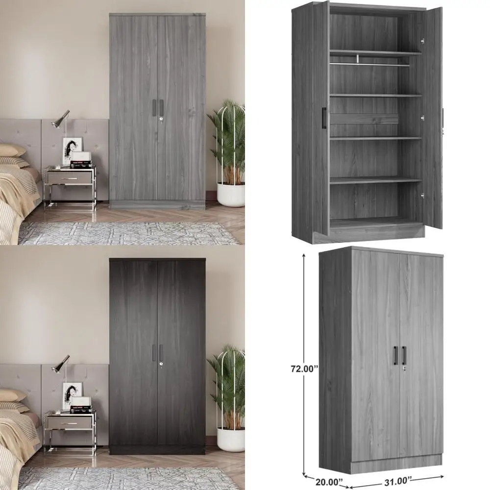 

Grey 2-Door Wardrobe with Storage Shelves