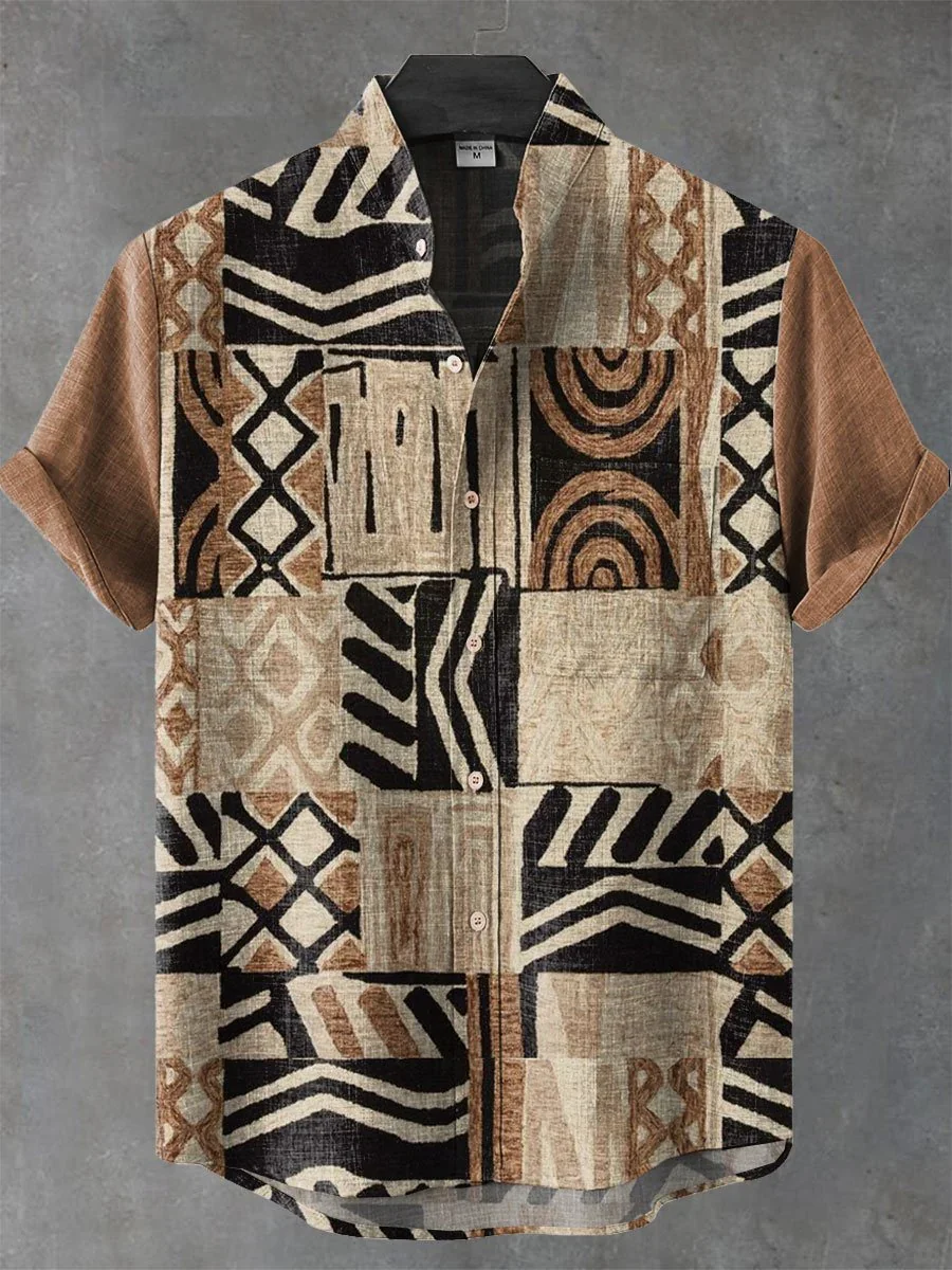 2025 Vintage African Style Men\'s Retro Ethnic Tribal Short Sleeve Shirt Tops Fashion Casual Vacation Streetwear Men\'s Shirt