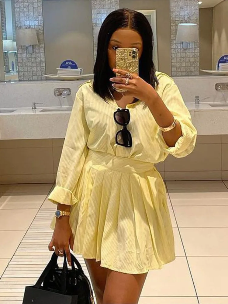 Fashion Striped Two-piece Set Women Summer Casual Comfort Solid Color Loose Button Long Sleeved Shirt Skirt Short Skirt 2 Sets