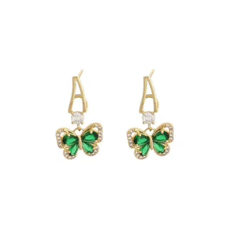 Light luxury and high-end retro grandmother green crystal butterfly earrings for women