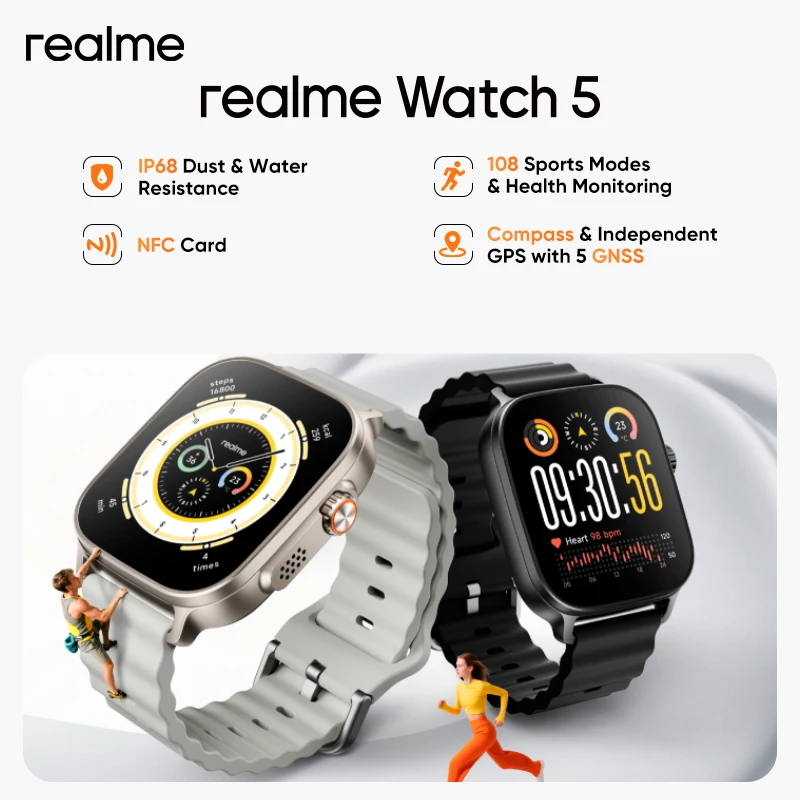 Smartwatch realme Watch 5 z kompasem i niezależnym modułem GPS obsługującym 5 systemów GNSS, wyświetlaczem AMOLED o przekątnej 1,97 cala oraz wyjątkowo długim czasem pracy baterii sięgającym nawet 16